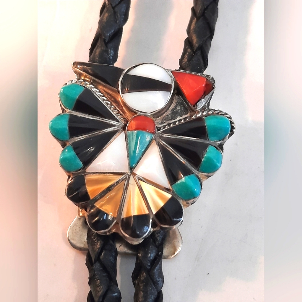 Zuni Naidaho Bolo Tie Sterling Silver Inlayed Antic
